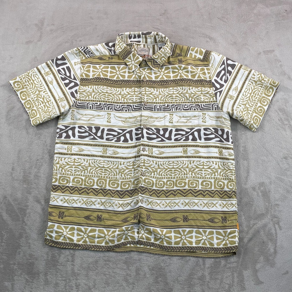 Quiksilver Waterman Shirt Men XL Hawaiian Tribal Designs Tools Comfort Fit Beach